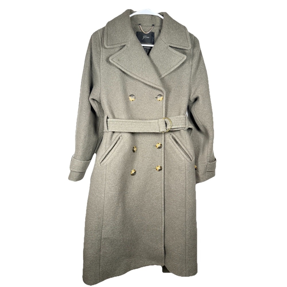 J.Crew Italian Boiled Wool Belted‎ Trench Coat Womens 2 Olive Double Breasted